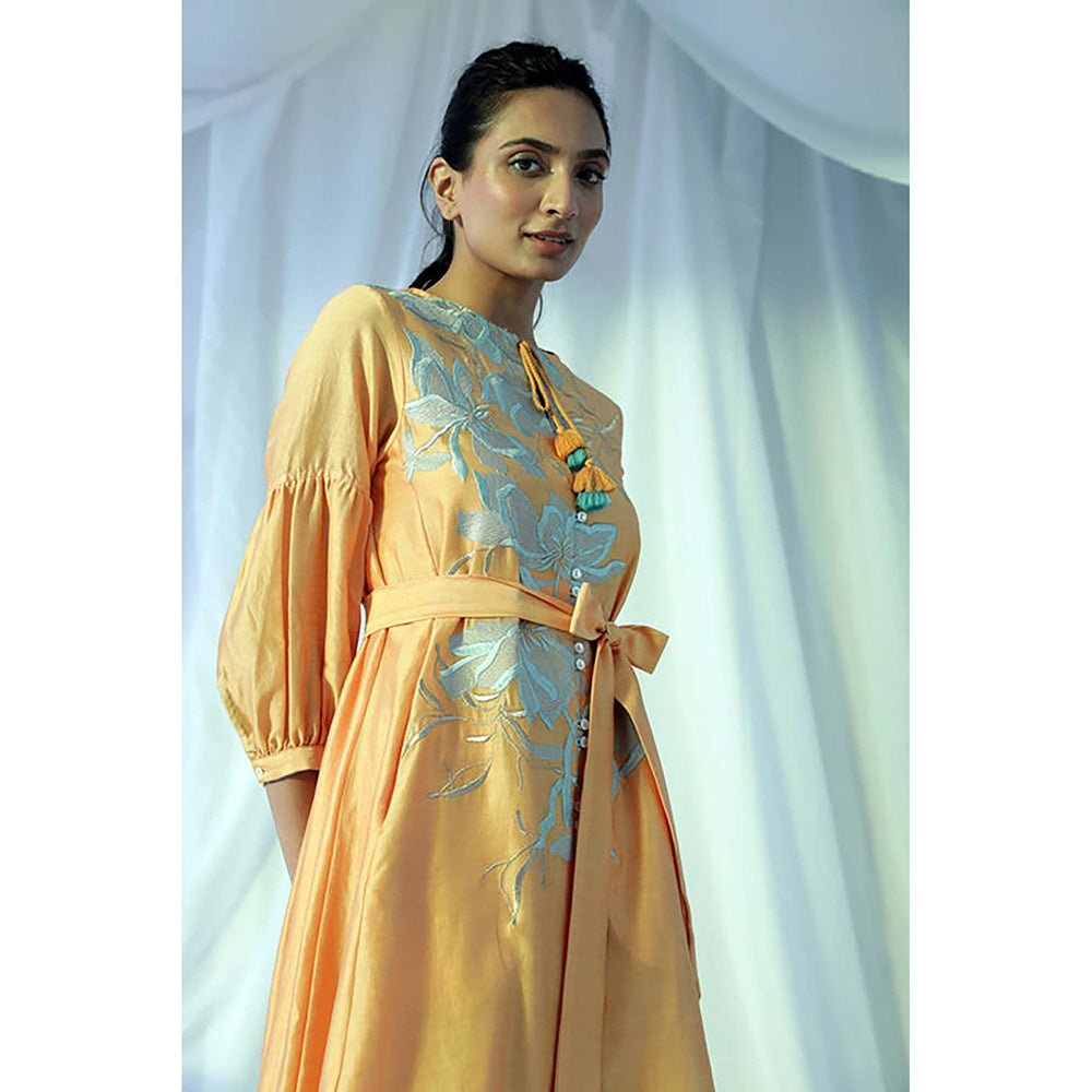 MADDER MUCH Yellow Chanderi Tie Up Neck Floral A-Line Midi Dress