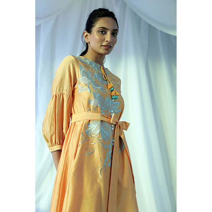 MADDER MUCH Yellow Chanderi Tie Up Neck Floral A-Line Midi Dress