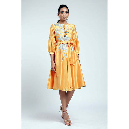 MADDER MUCH Yellow Chanderi Tie Up Neck Floral A-Line Midi Dress