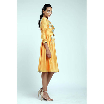 MADDER MUCH Yellow Chanderi Tie Up Neck Floral A-Line Midi Dress