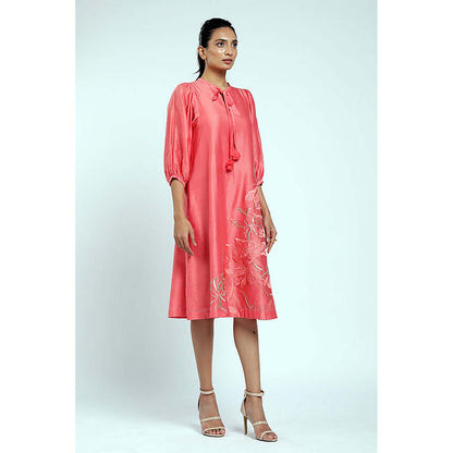 MADDER MUCH Peach Chanderi Tie Up Neck Embroidered A-Line Midi Dress