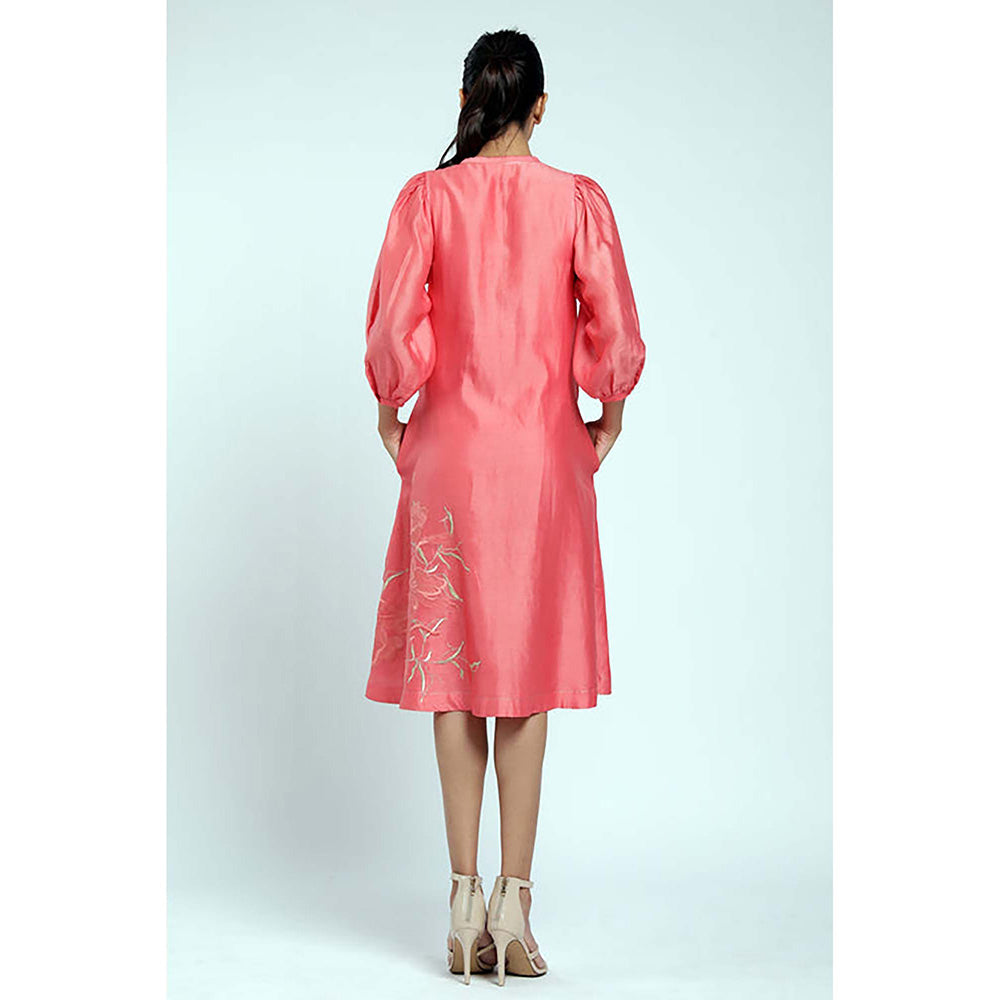 MADDER MUCH Peach Chanderi Tie Up Neck Embroidered A-Line Midi Dress