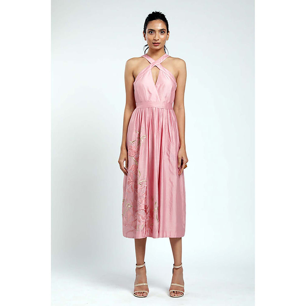 MADDER MUCH Peach Chanderi Halter Neck Floral A-Line Midi Dress