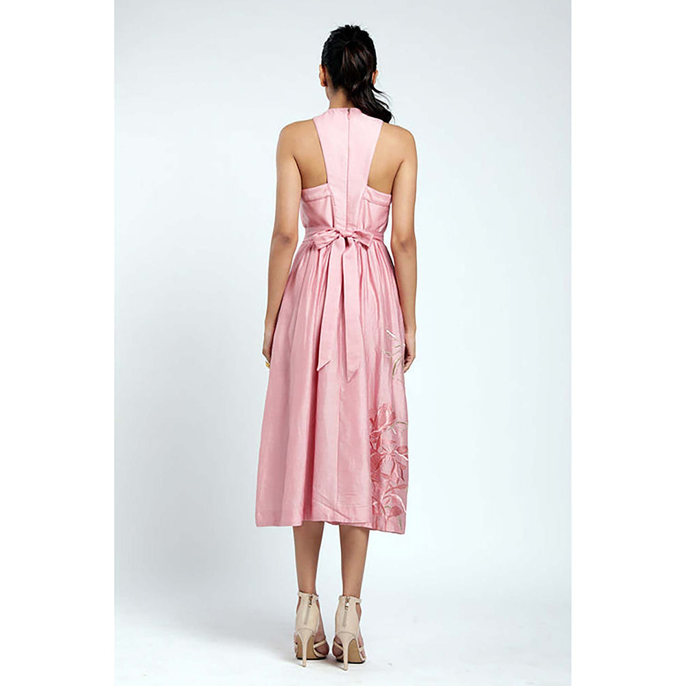 MADDER MUCH Peach Chanderi Halter Neck Floral A-Line Midi Dress