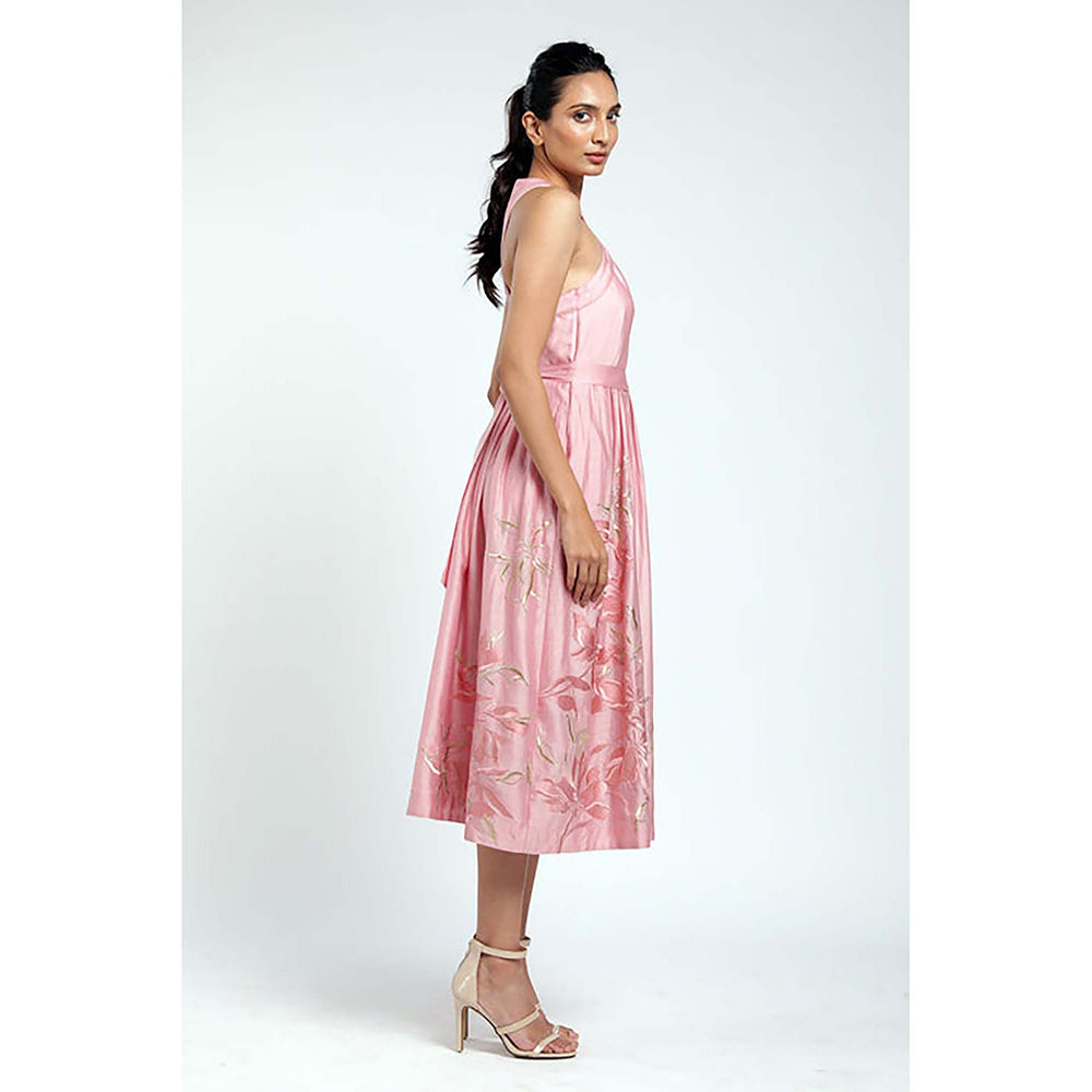 MADDER MUCH Peach Chanderi Halter Neck Floral A-Line Midi Dress