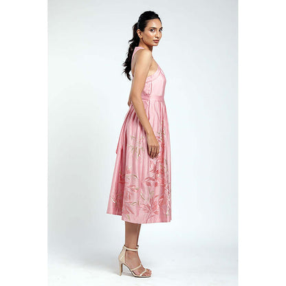 MADDER MUCH Peach Chanderi Halter Neck Floral A-Line Midi Dress