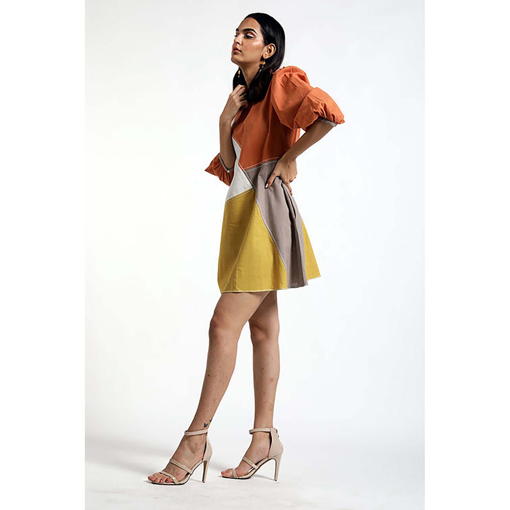 MADDER MUCH Multi-Color Cotton Crew Neck Colorblock A-Line Mini Dress
