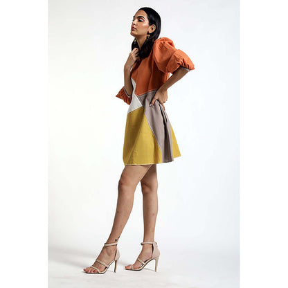 MADDER MUCH Multi-Color Cotton Crew Neck Colorblock A-Line Mini Dress