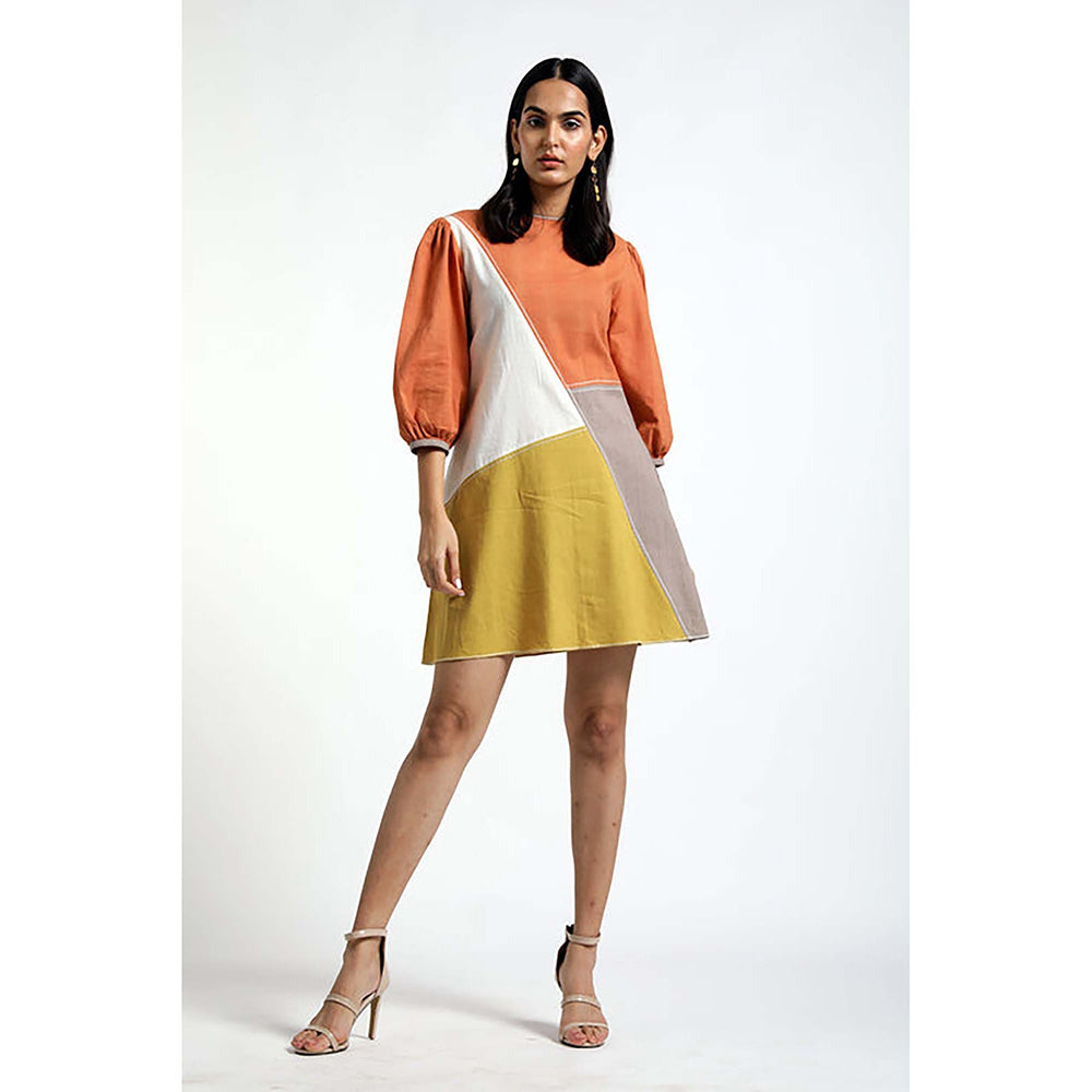 MADDER MUCH Multi-Color Cotton Crew Neck Colorblock A-Line Mini Dress
