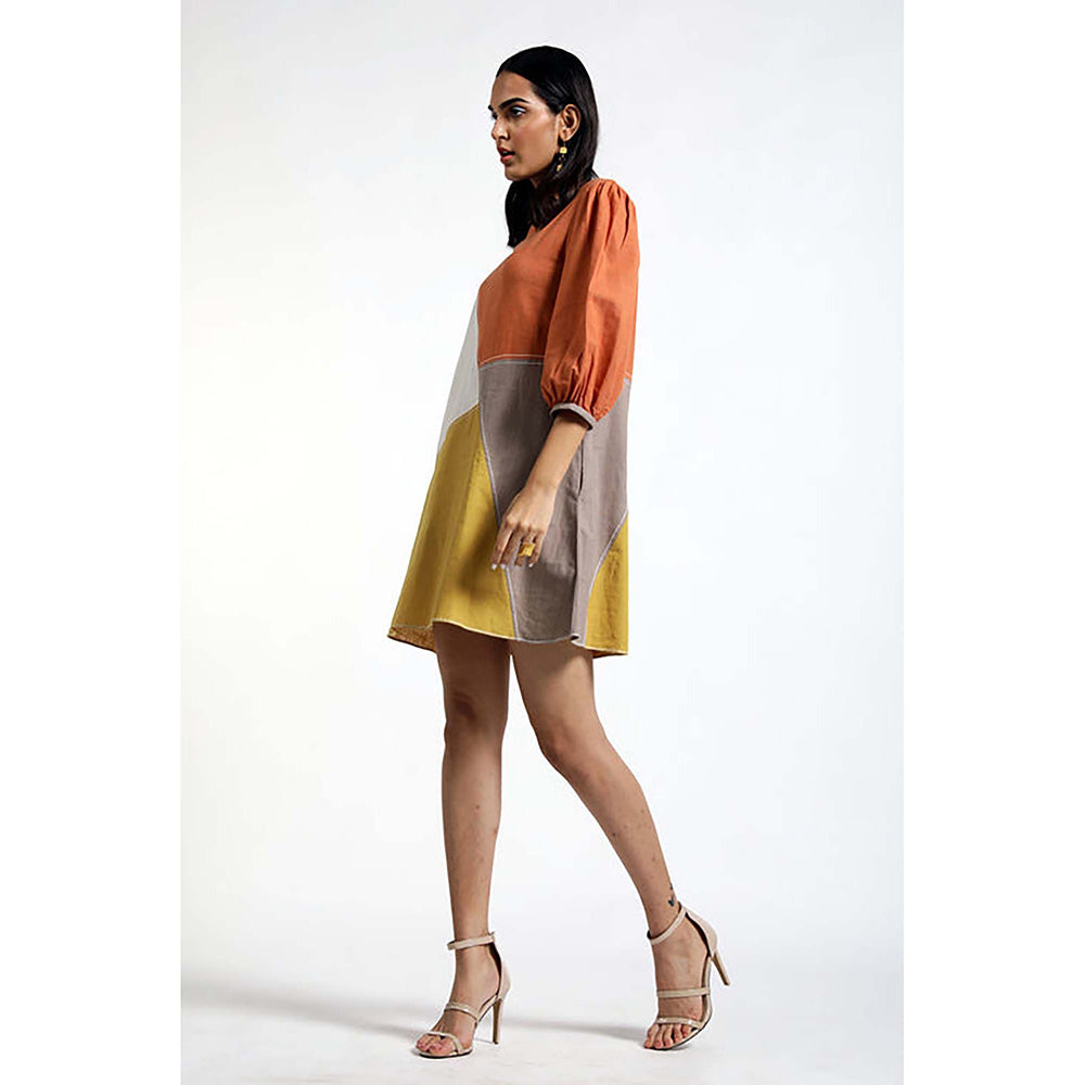 MADDER MUCH Multi-Color Cotton Crew Neck Colorblock A-Line Mini Dress