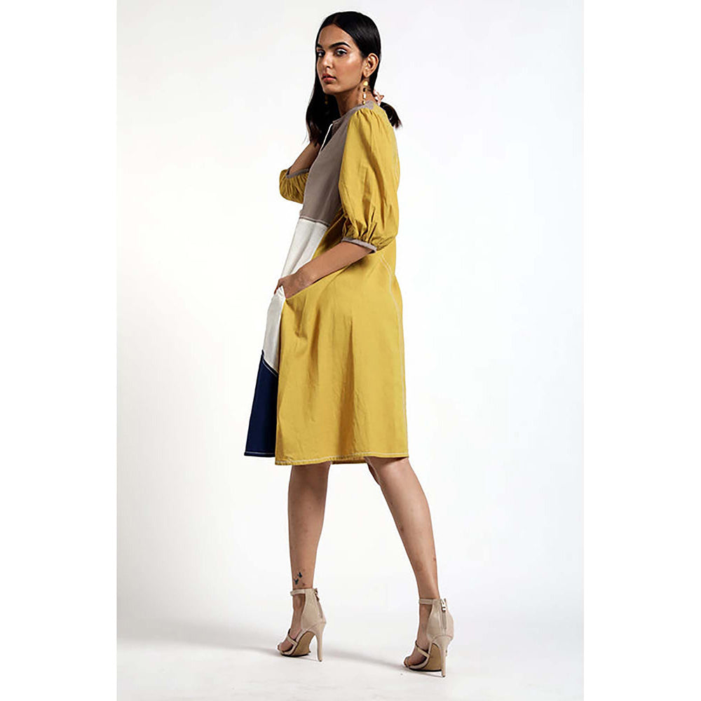 MADDER MUCH Multi-Color Cotton Round Neck Colorblock Midi Dress