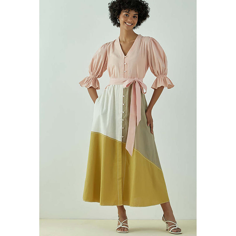 MADDER MUCH Multi-Color Cotton V-Neck Colorblock A-Line Midi Dress