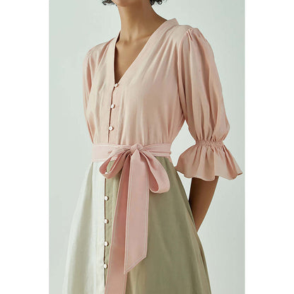 MADDER MUCH Multi-Color Cotton V-Neck Colorblock A-Line Midi Dress