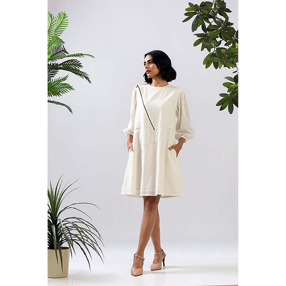 MADDER MUCH White Cotton Crew Neck Solid A-Line Mini Dress