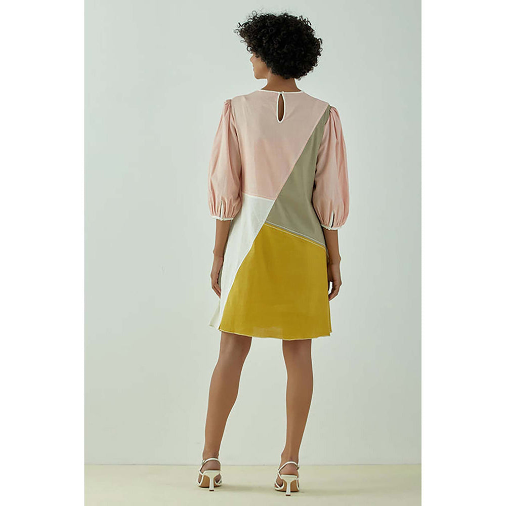 MADDER MUCH Multi-Color Cotton Crew Neck Colorblock A-Line Mini Dress