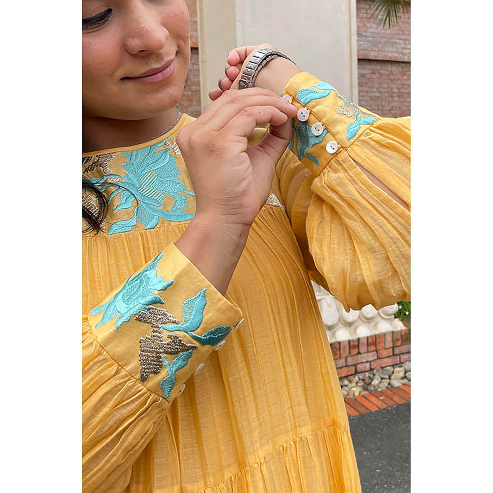 MADDER MUCH Yellow Chanderi Silk Crew Neck Solid Flared Mini Dress