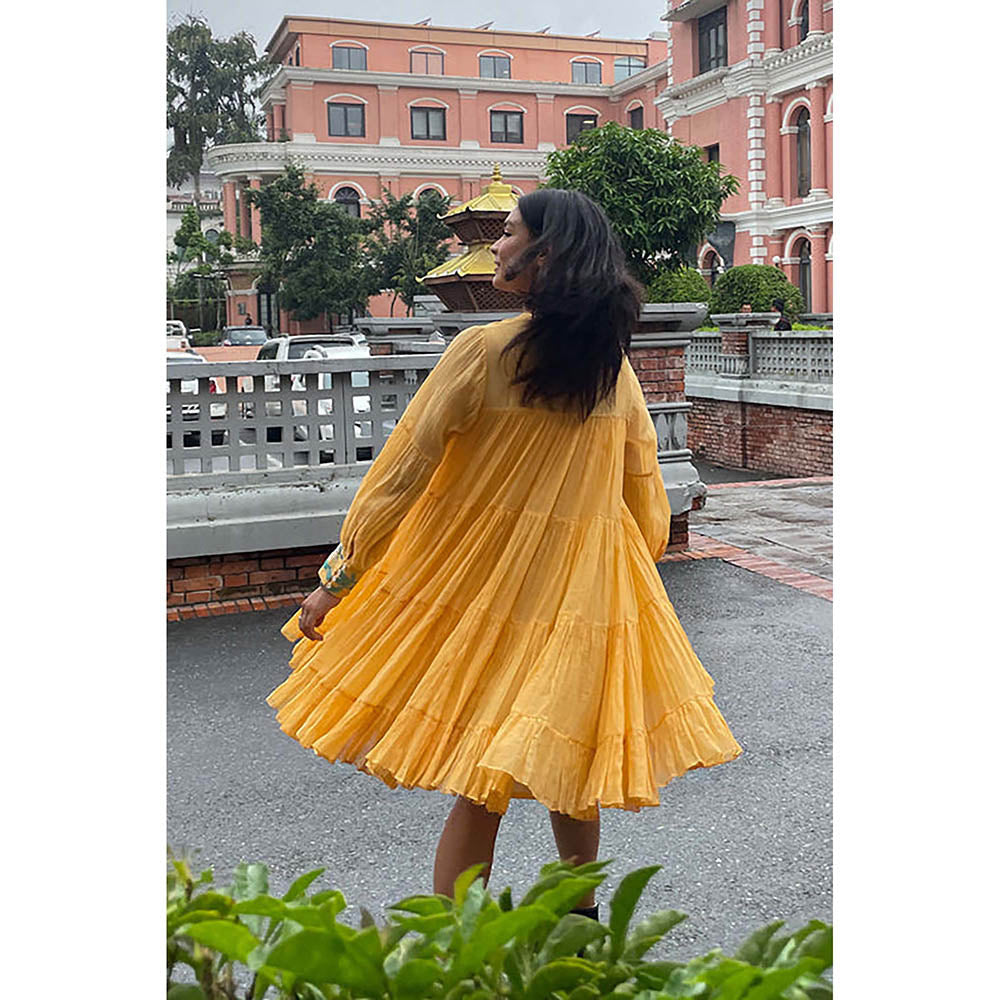 MADDER MUCH Yellow Chanderi Silk Crew Neck Solid Flared Mini Dress
