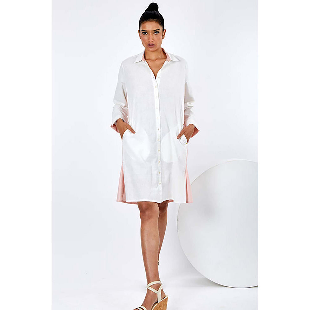 MADDER MUCH White Cotton Collar Neck Solid/Plain Knee Length Dress