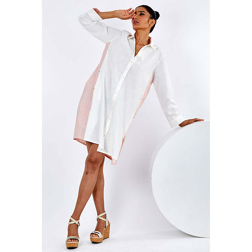 MADDER MUCH White Cotton Collar Neck Solid/Plain Knee Length Dress