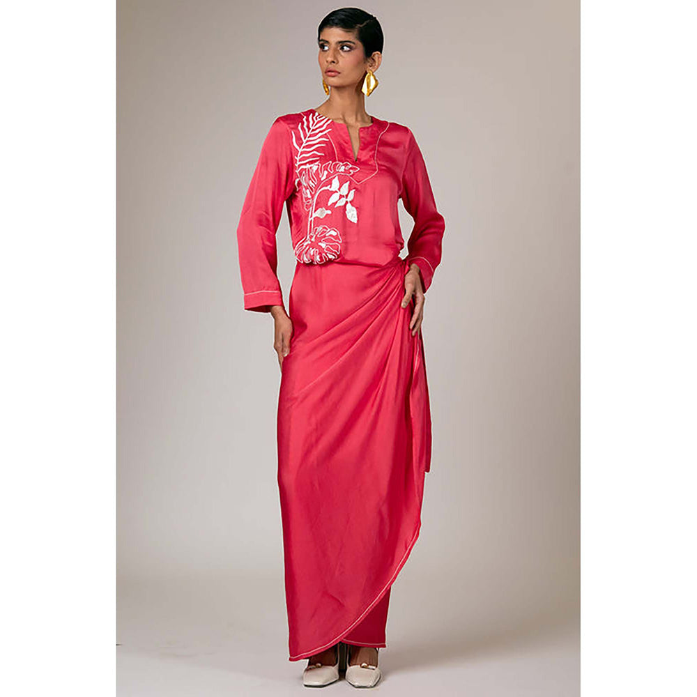 MADDER MUCH Pink Satin V-Neck Embroidered Maxi Dress