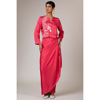 MADDER MUCH Pink Satin V-Neck Embroidered Maxi Dress