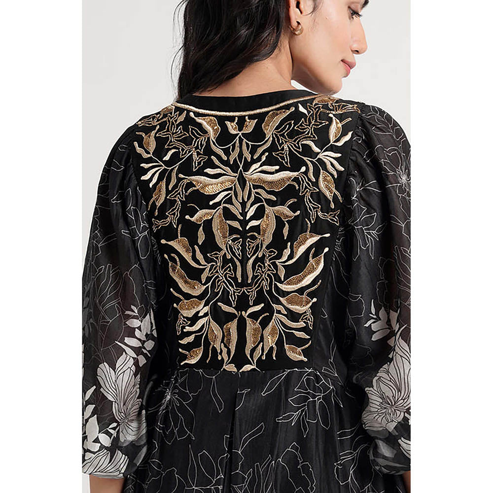 MADDER MUCH Black Cotton Round Neck Floral Knee Length Dress