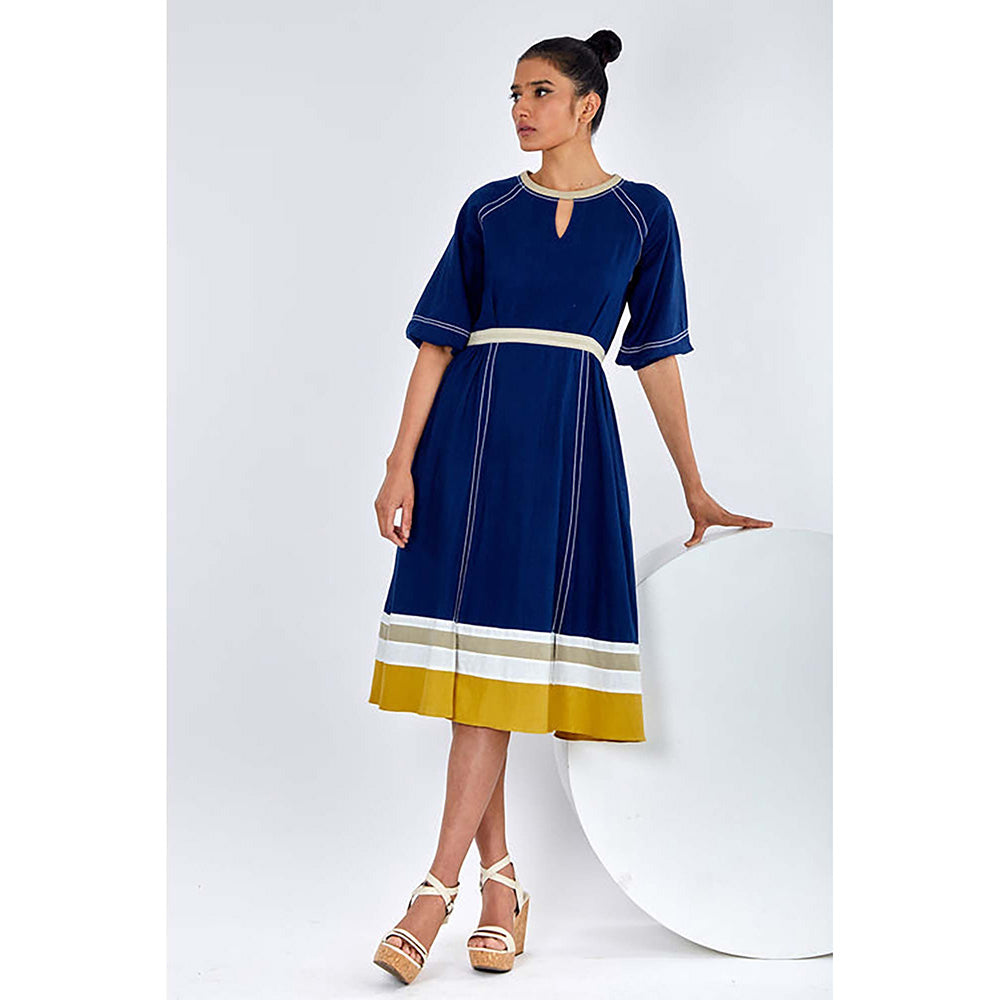 MADDER MUCH Navy Blue Cotton Keyhole Neck Solid A-Line Midi Dress