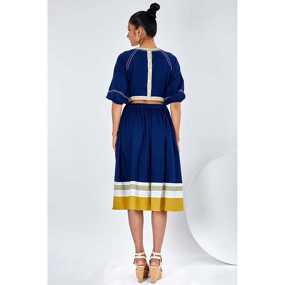 MADDER MUCH Navy Blue Cotton Keyhole Neck Solid A-Line Midi Dress