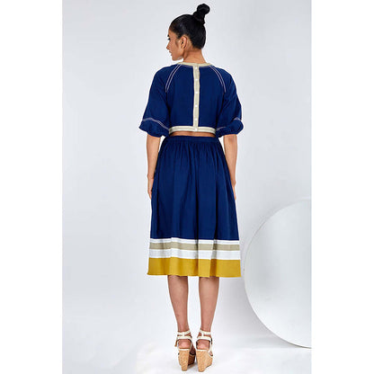 MADDER MUCH Navy Blue Cotton Keyhole Neck Solid A-Line Midi Dress