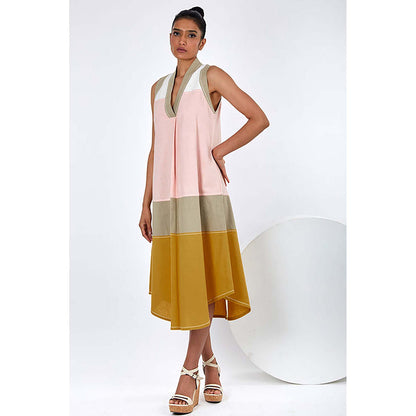 MADDER MUCH Multi-Color Cotton V-Neck Colorblock Midi Dress