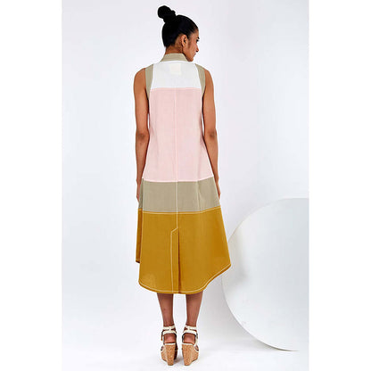 MADDER MUCH Multi-Color Cotton V-Neck Colorblock Midi Dress