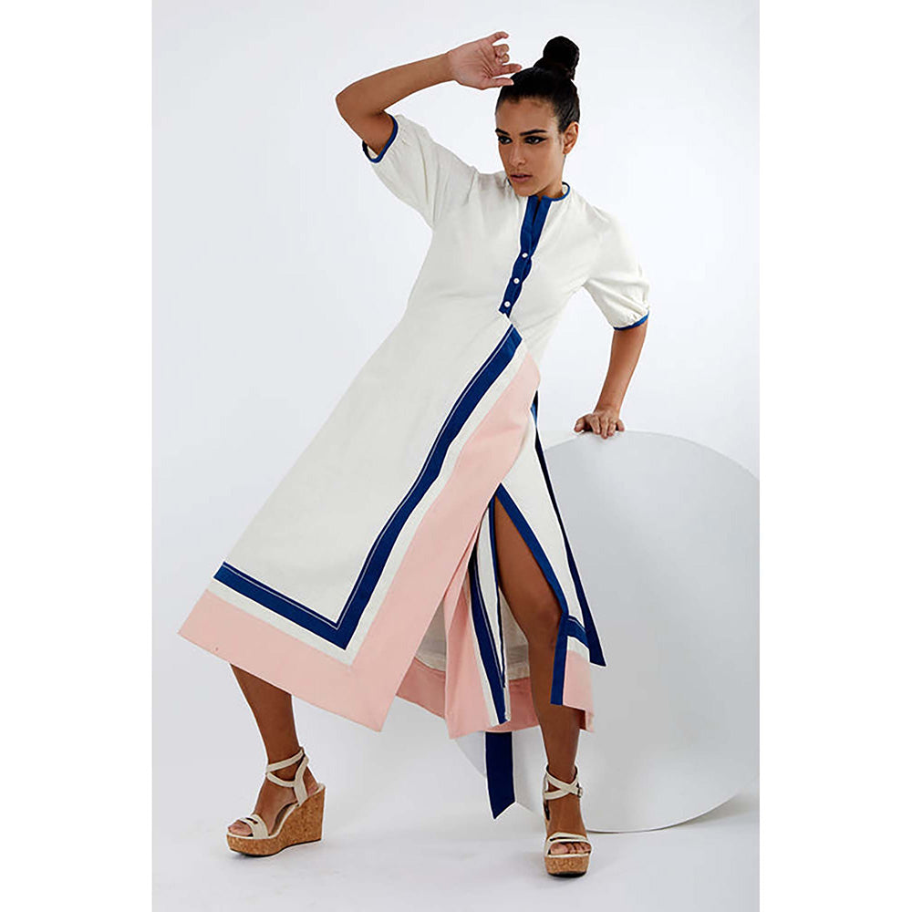 MADDER MUCH White Cotton Round Neck Solid A-Line Midi Dress
