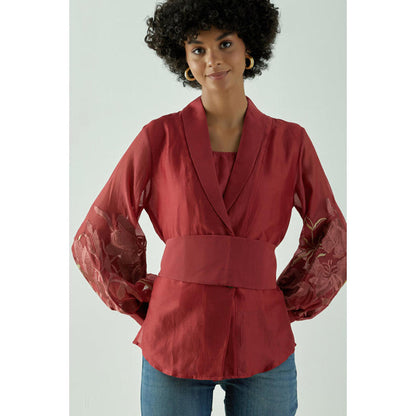 MADDER MUCH Red Chanderi Solid Embroidered Top With Belt