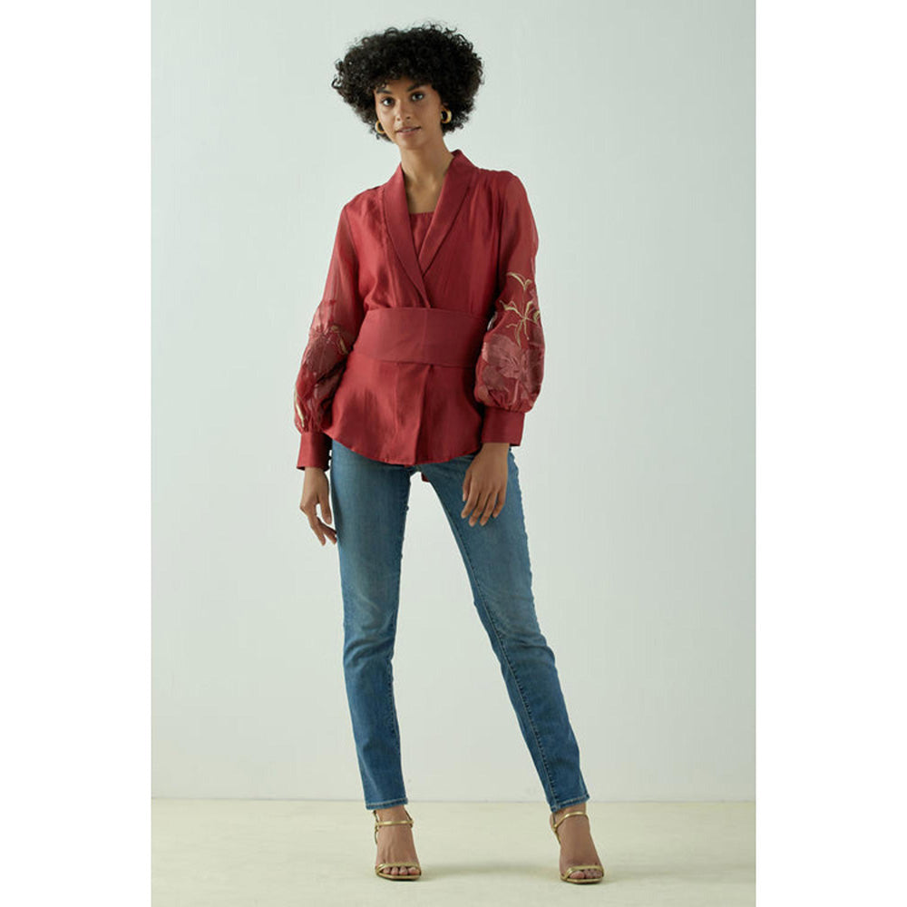 MADDER MUCH Red Chanderi Solid Embroidered Top With Belt