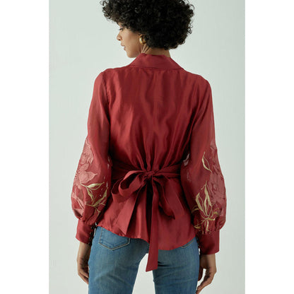 MADDER MUCH Red Chanderi Solid Embroidered Top With Belt