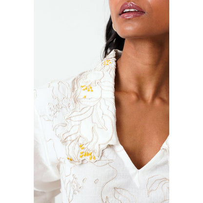 MADDER MUCH Cotton White Collar Neck Floral Top