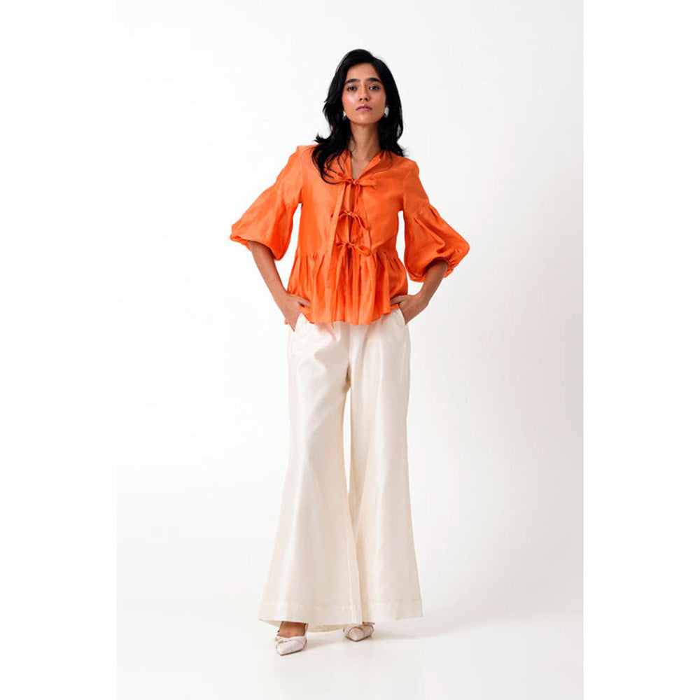 MADDER MUCH Orange Cotton Tie Up Neck Solid/Plain Top With Slip