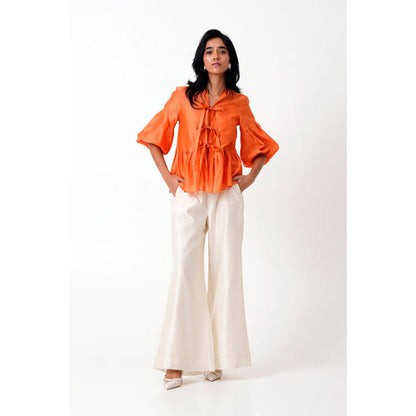 MADDER MUCH Orange Cotton Tie Up Neck Solid/Plain Top With Slip