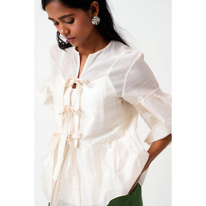 MADDER MUCH Ivory Toni Set - Multi Knot Peplum Top With Slip