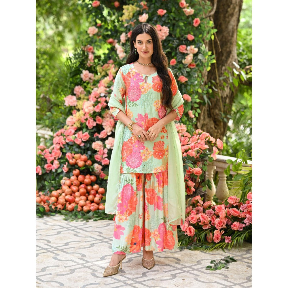Mahee Jaipur Pastel Rehmat Floral Print Kurta with Sharara and Dupatta (Set of 3)