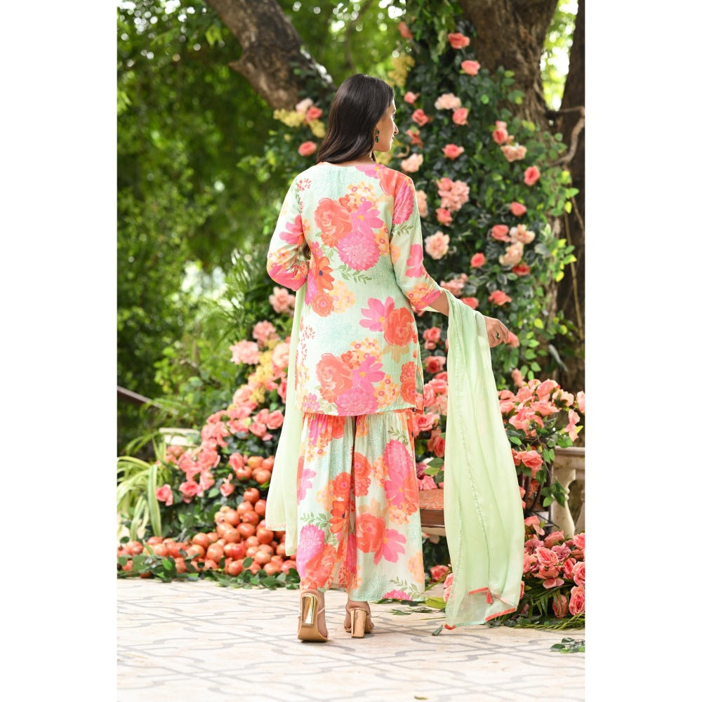 Mahee Jaipur Pastel Rehmat Floral Print Kurta with Sharara and Dupatta (Set of 3)