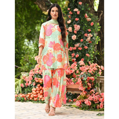 Mahee Jaipur Pastel Rehmat Floral Print Kurta with Sharara and Dupatta (Set of 3)