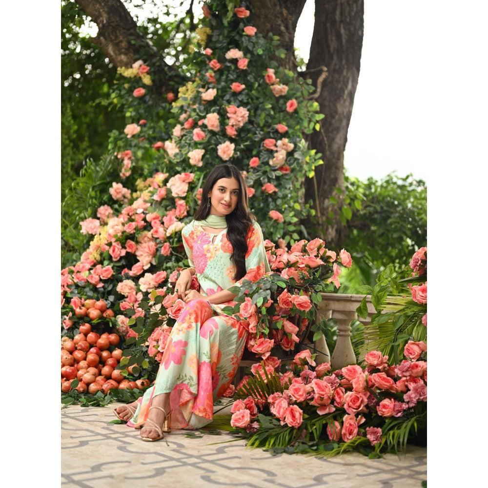 Mahee Jaipur Pastel Rehmat Floral Print Kurta with Sharara and Dupatta (Set of 3)