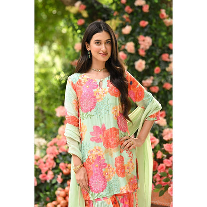 Mahee Jaipur Pastel Rehmat Floral Print Kurta with Sharara and Dupatta (Set of 3)