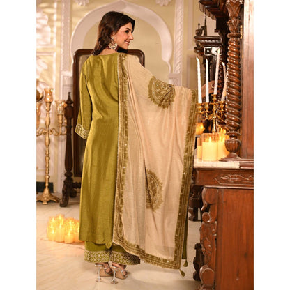 Mahee Jaipur Mehandi Green Ghawar Print Kurta With Pant And Dupatta