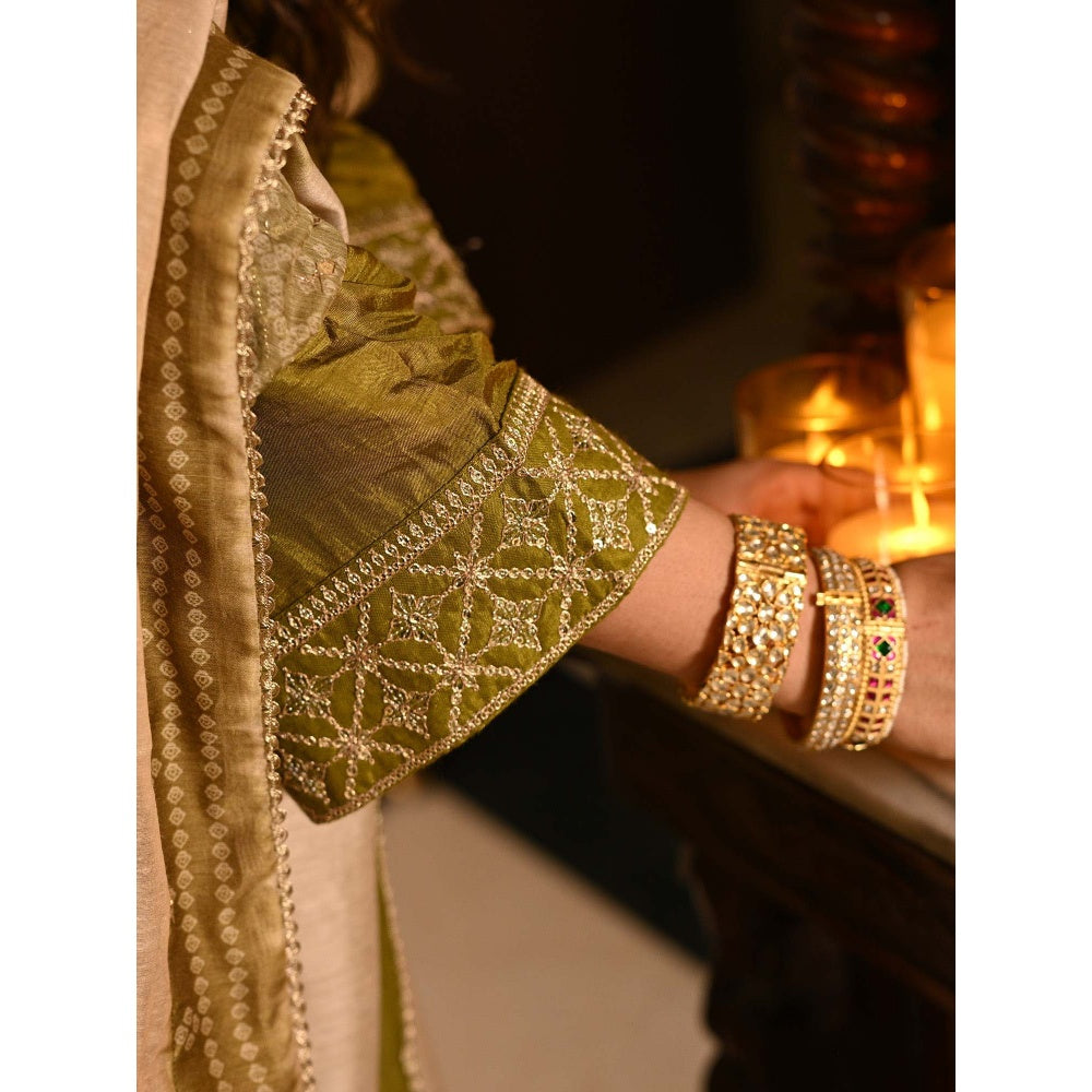 Mahee Jaipur Mehandi Green Ghawar Print Kurta With Pant And Dupatta