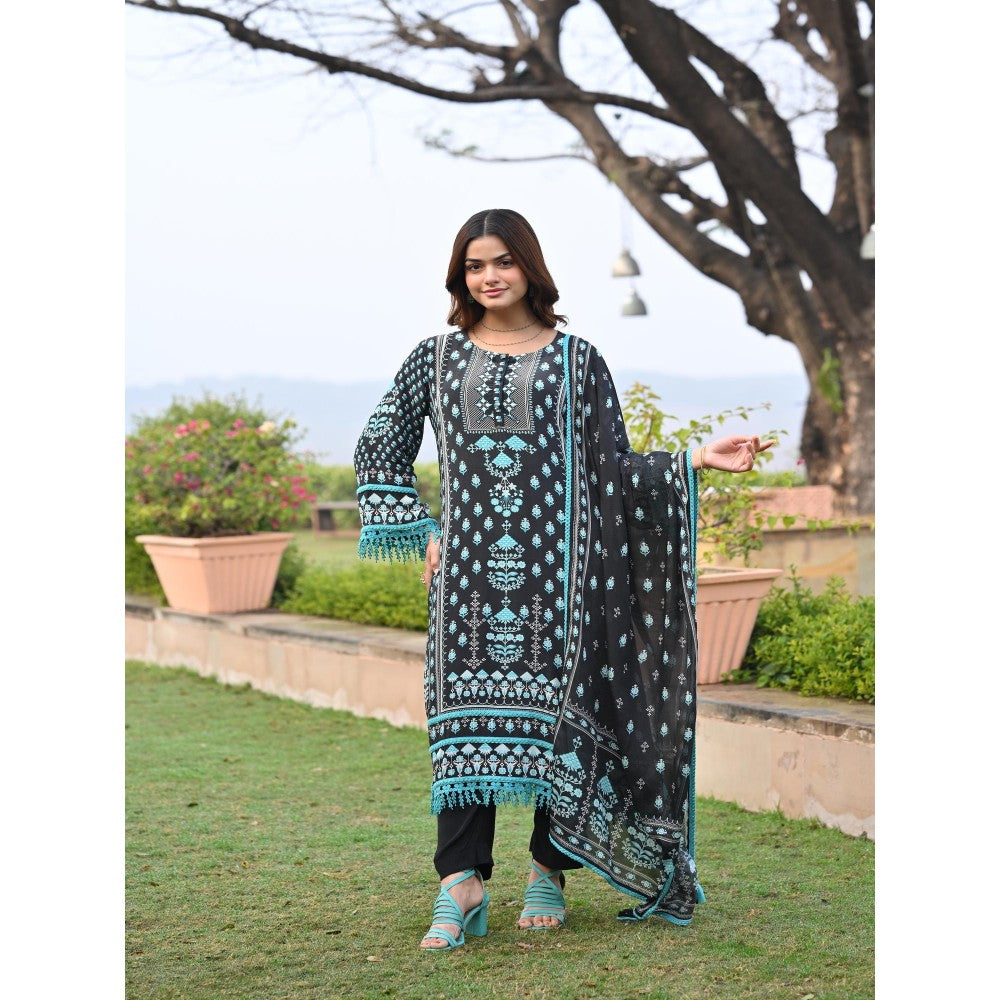 Mahee Jaipur Black Lacy Block Print Muslin Kurta With Pant And Dupatta