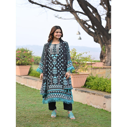 Mahee Jaipur Black Lacy Block Print Muslin Kurta With Pant And Dupatta