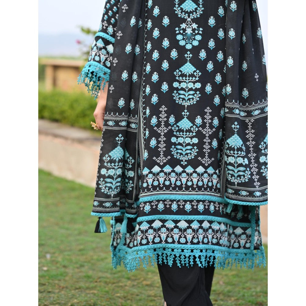 Mahee Jaipur Black Lacy Block Print Muslin Kurta With Pant And Dupatta