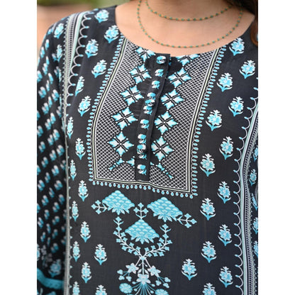 Mahee Jaipur Black Lacy Block Print Muslin Kurta With Pant And Dupatta